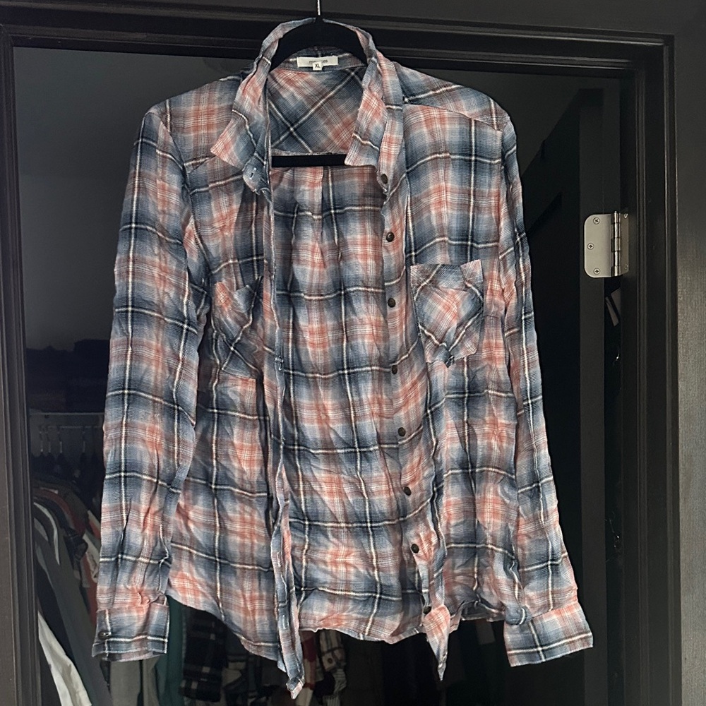 Plaid Button-Up Shirt in Blue and Pink